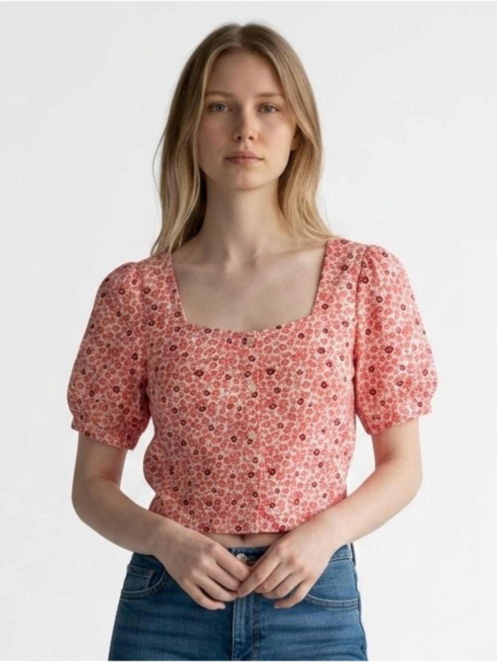 Levi Floral Square-Neck Puff Sleeve Top - Pink Size Small